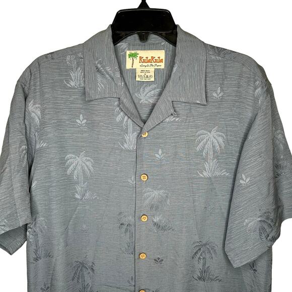 KulaKula 100% Silk Palm Tree Print  Hawaian style button up Size Small Blue - Picture 2 of 5